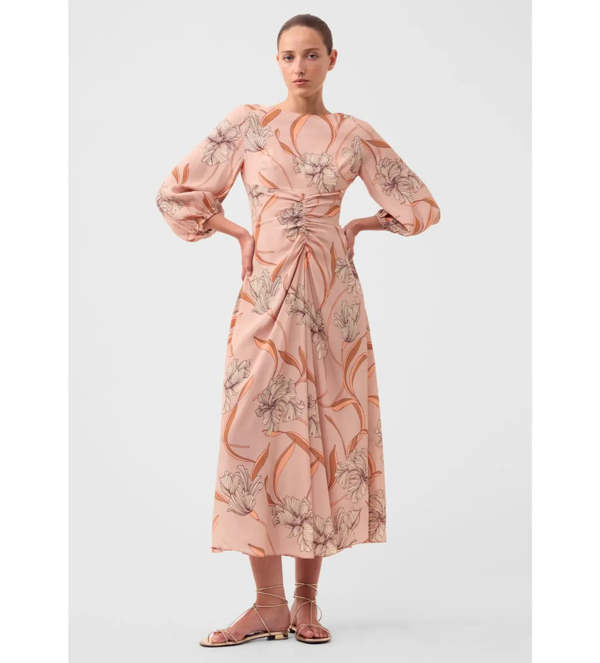 Morrison Martinique Rouched Midi Dress Blush Floral Print Size 4/AU 14 - Image 1