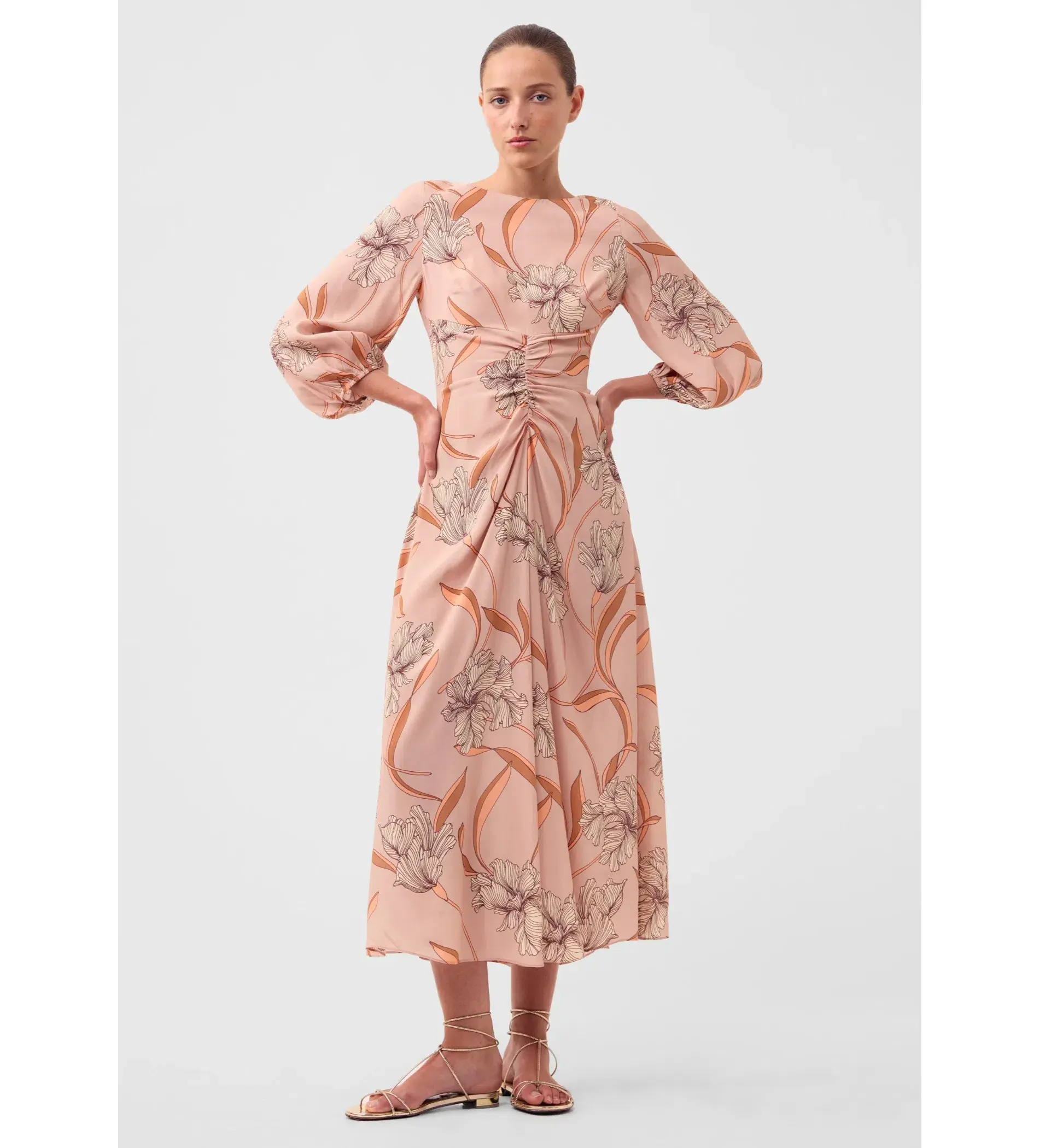 Morrison Martinique Rouched Midi Dress Blush Floral Print Size 4/AU 14 - Image 1