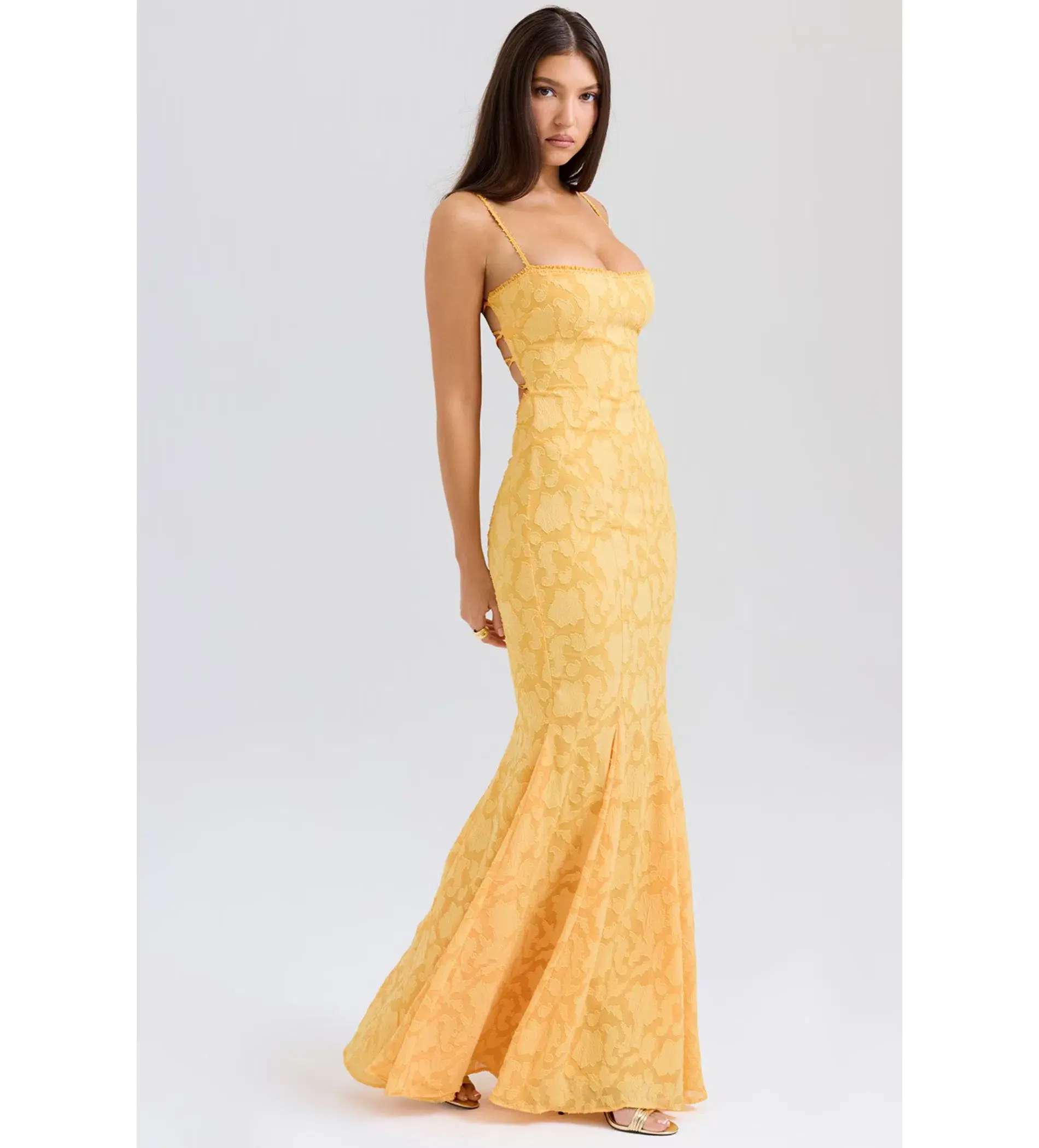 House of CB Joan Lace Up Back Maxi Dress Apricot Size XS/AU 6 - Image 2