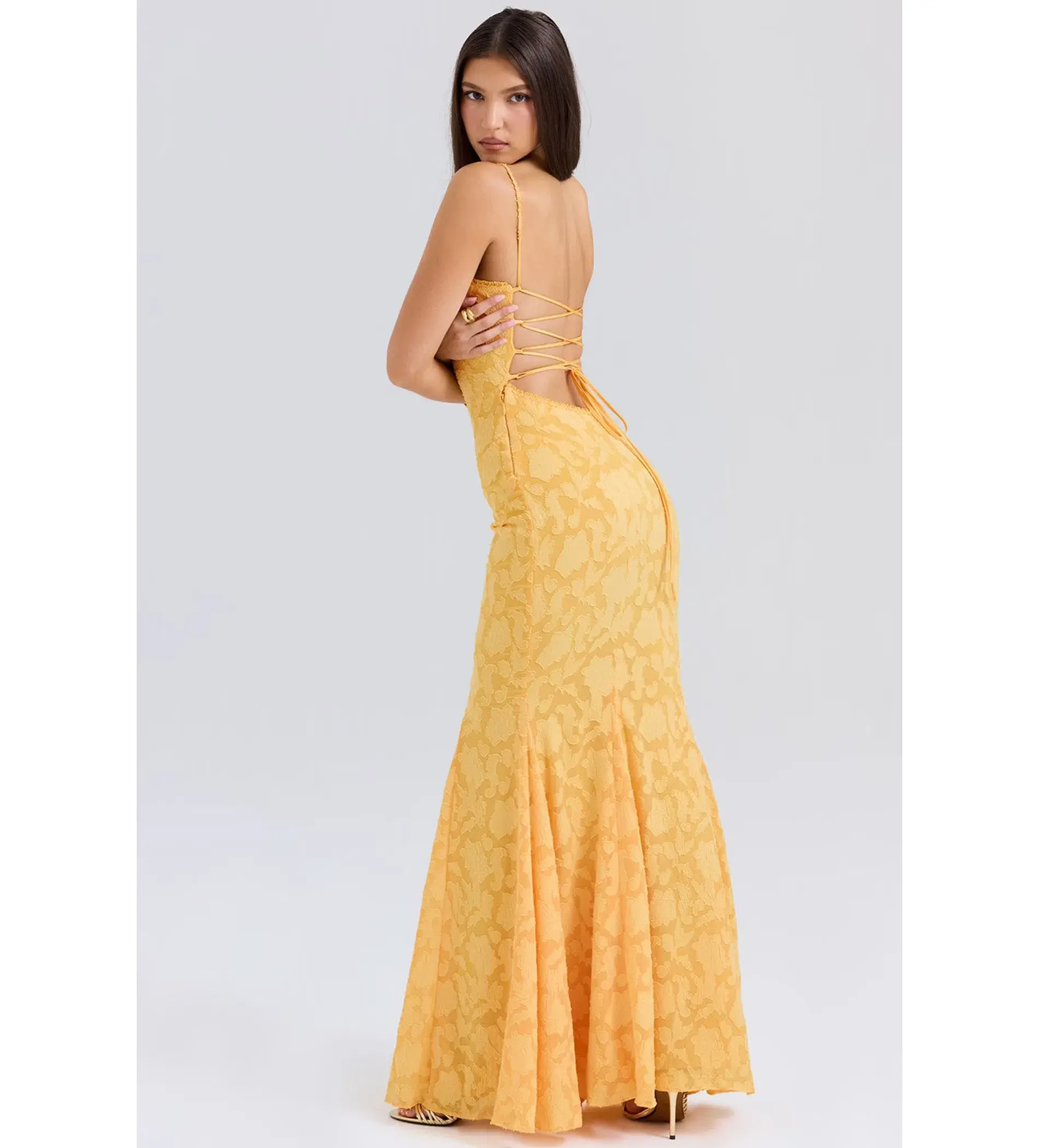 House of CB Joan Lace Up Back Maxi Dress Apricot Size XS/AU 6 - Image 4