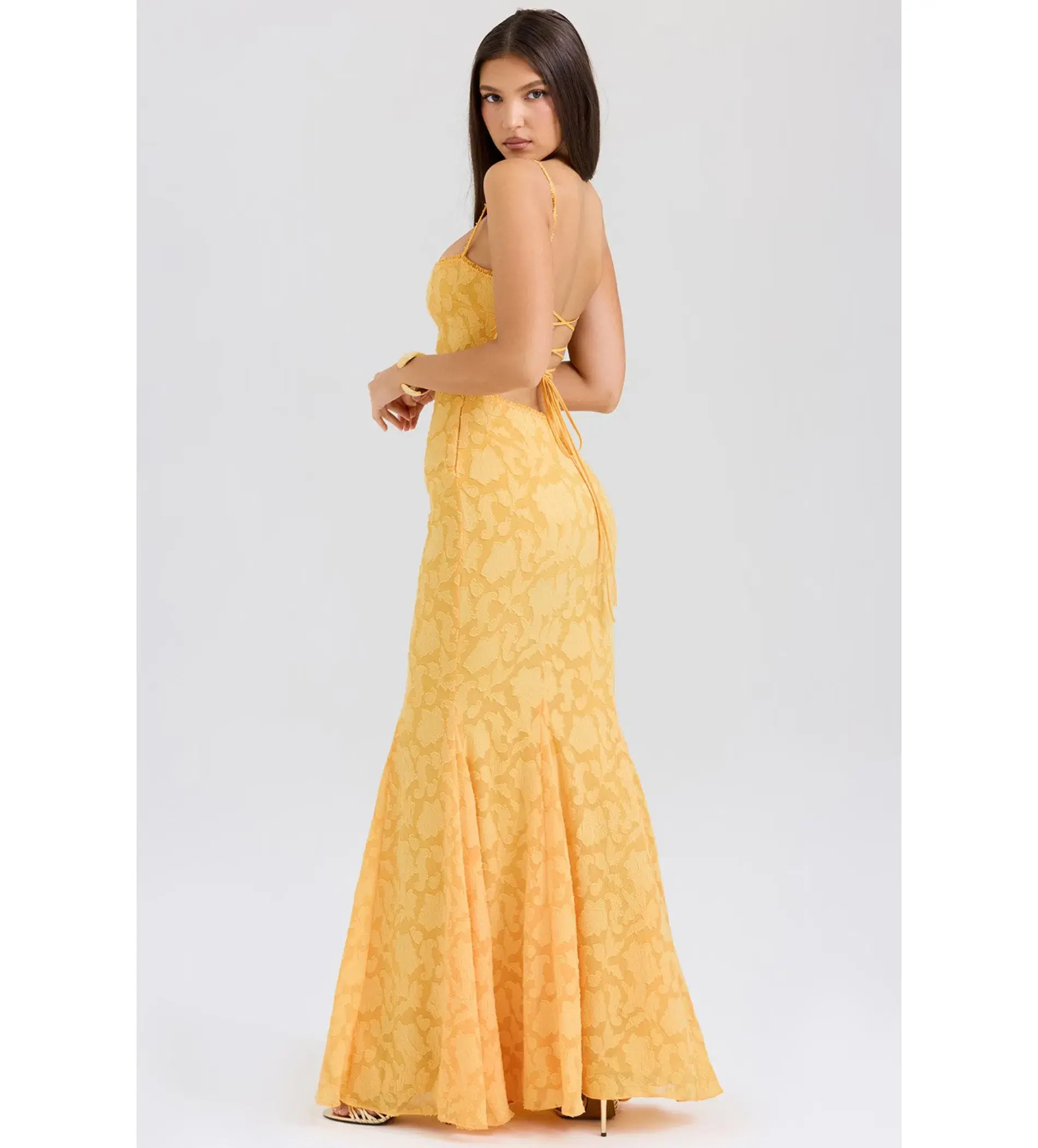 House of CB Joan Lace Up Back Maxi Dress Apricot Size XS/AU 6 - Image 3