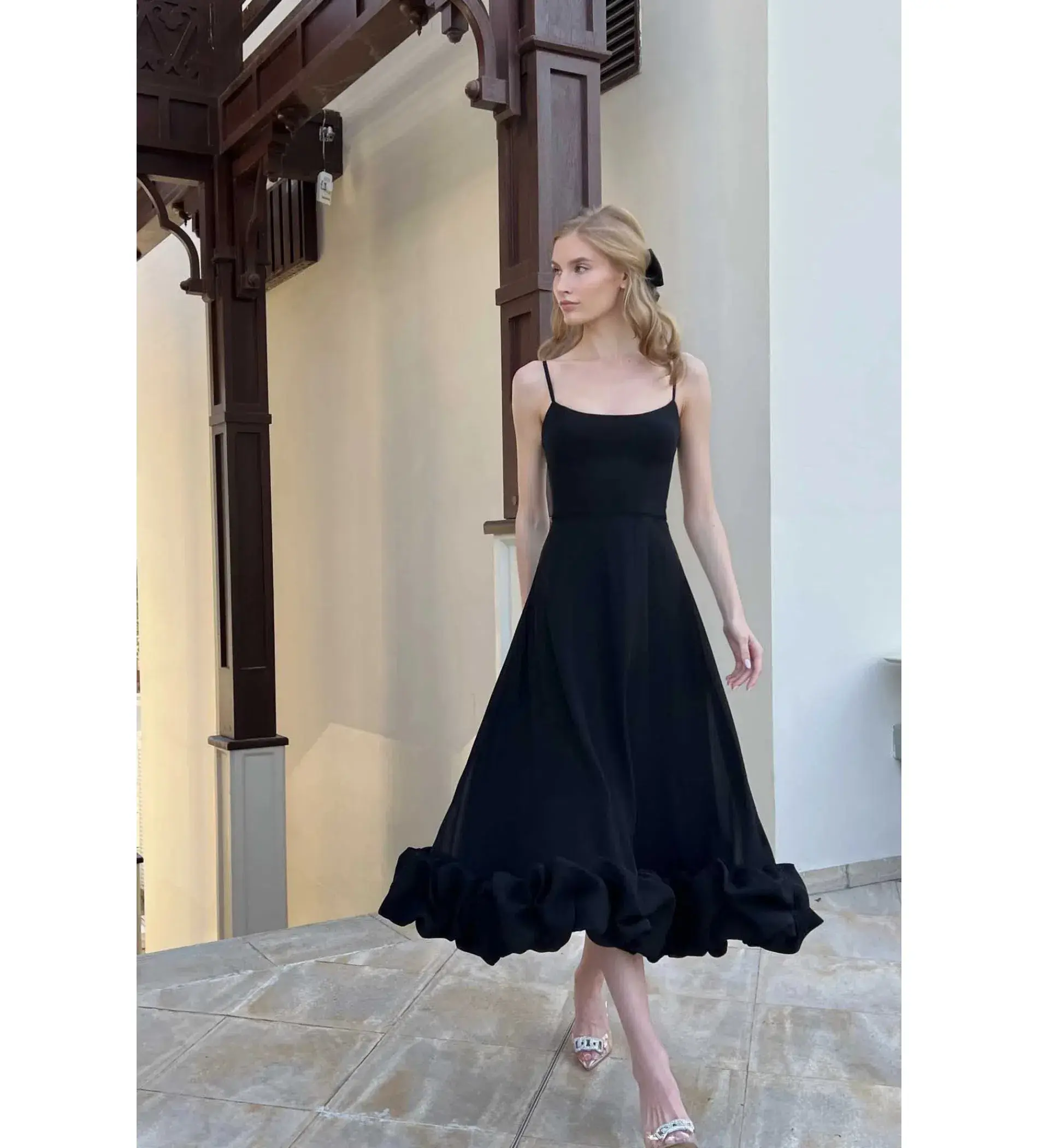 Post Meridiem Flounce Bustier Midi Dress in Deep Black Size XS / AU 6 - Image 1
