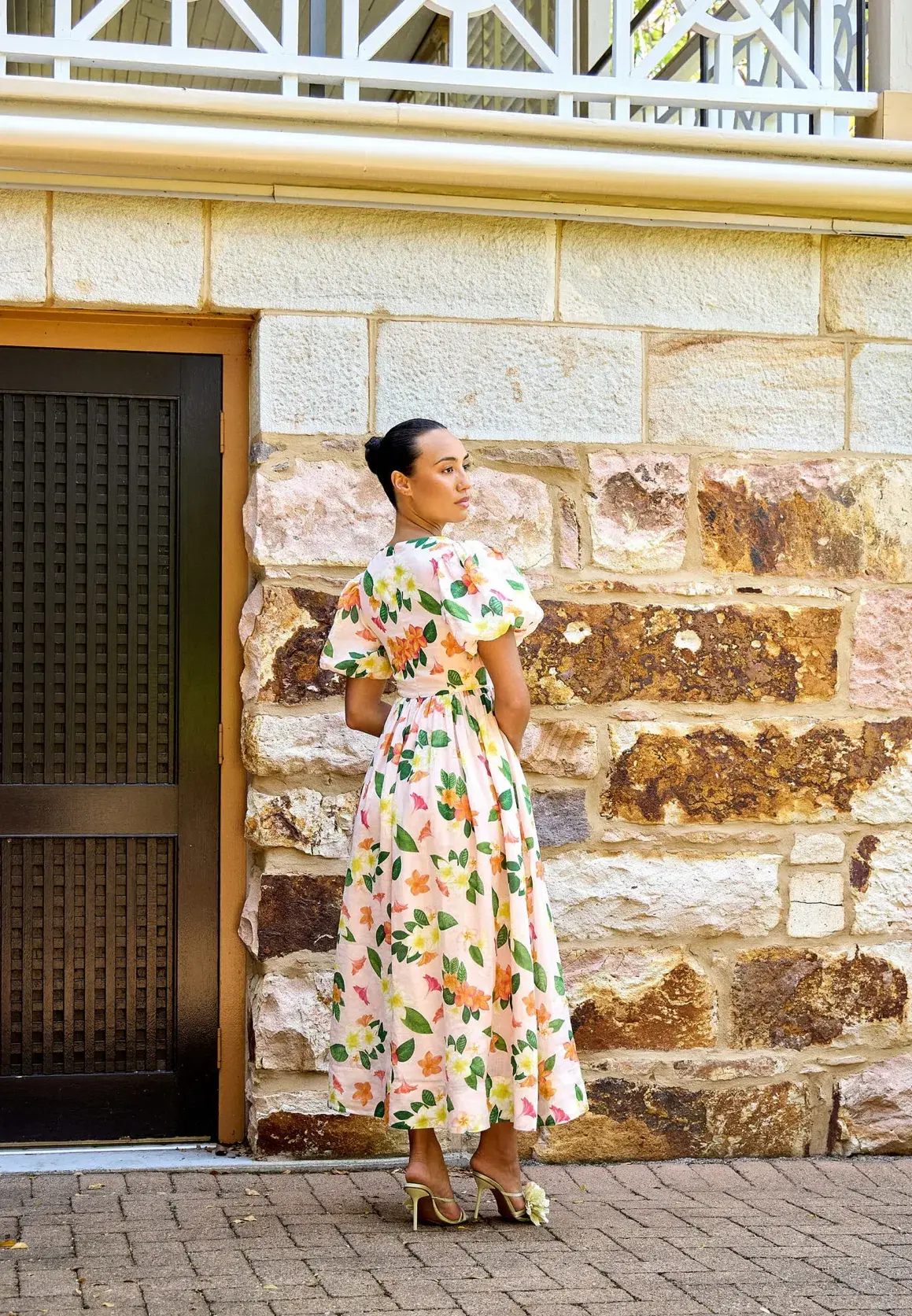 Isabella Longinnou Frangipani Puff Sleeve Midi Dress Print Size 14 - Image 2