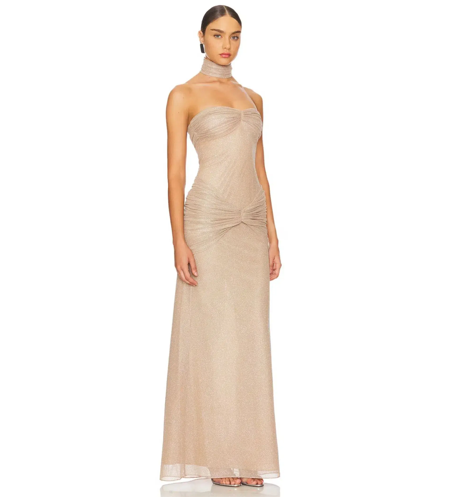 Mirror Palais The Starlite Glitter Mesh Maxi Dress Diamond Sand Size M/AU 10 - Image 2