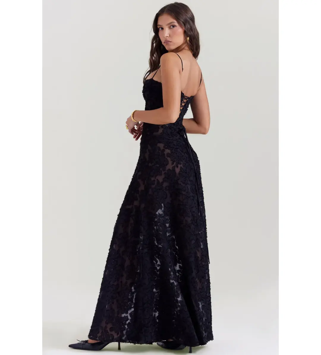 House of CB Seren Floral Lace Back Maxi Dress Black Size S/AU 8 for rent on The Volte - main image