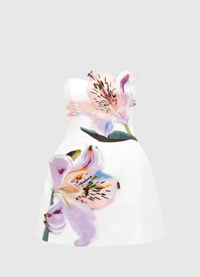 Leo Lin Rosario Appliqué Floral Bustier Mini Dress Lily Print in Snow Size 10 - Image 2