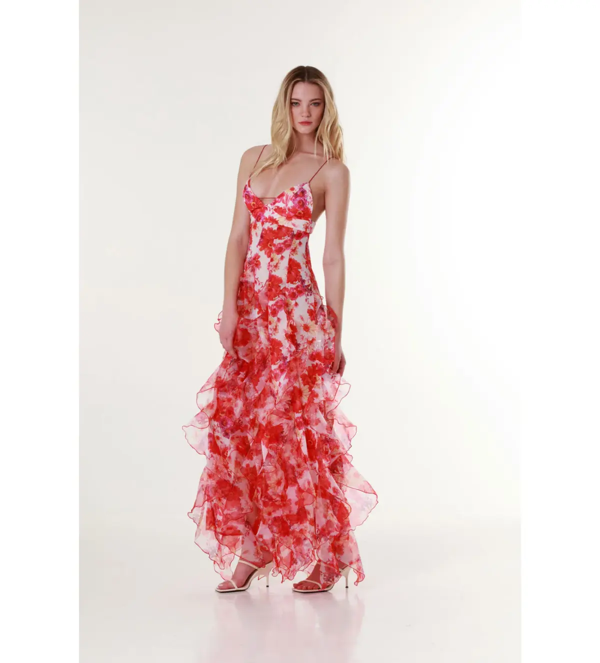 Menti Red Margarita Ruffle Floral-Print Maxi Dress Floral Size 10  - Image 1