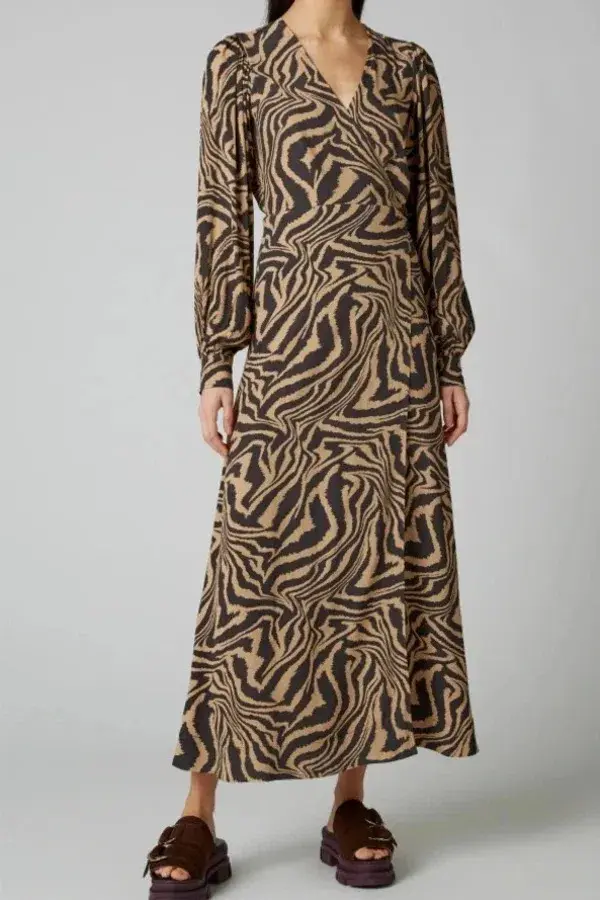 Ganni Tiger Print Midi Wrap Dress Animal Print Size AU 8 - Image 3
