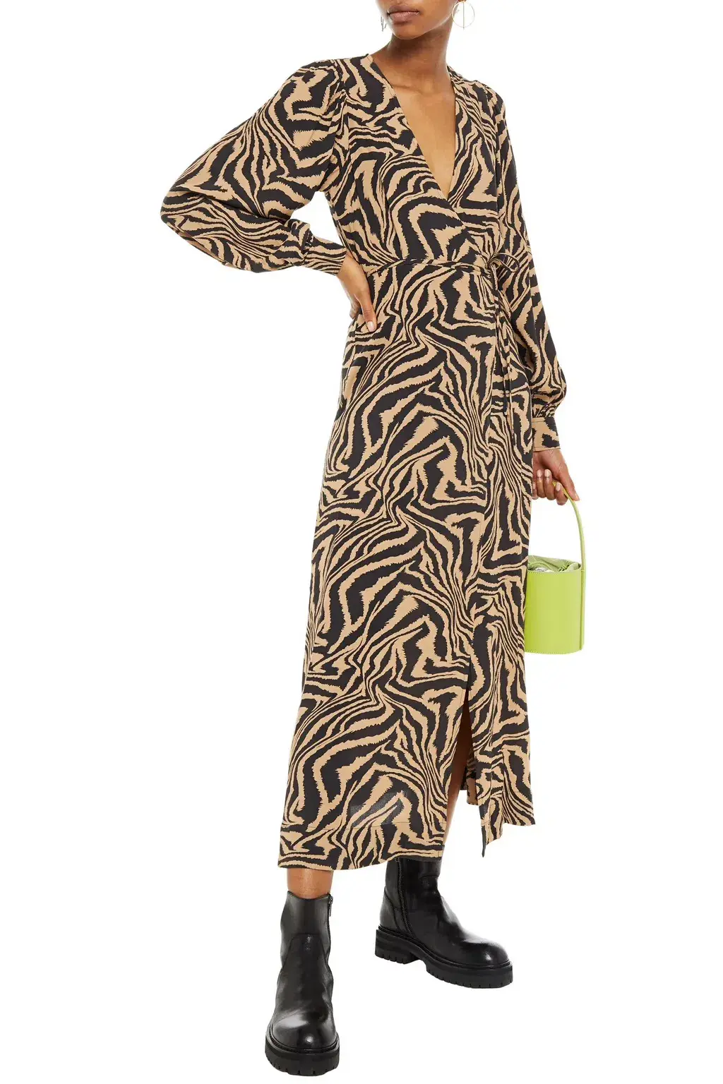 Ganni Tiger Print Midi Wrap Dress Animal Print Size AU 8 - Image 1