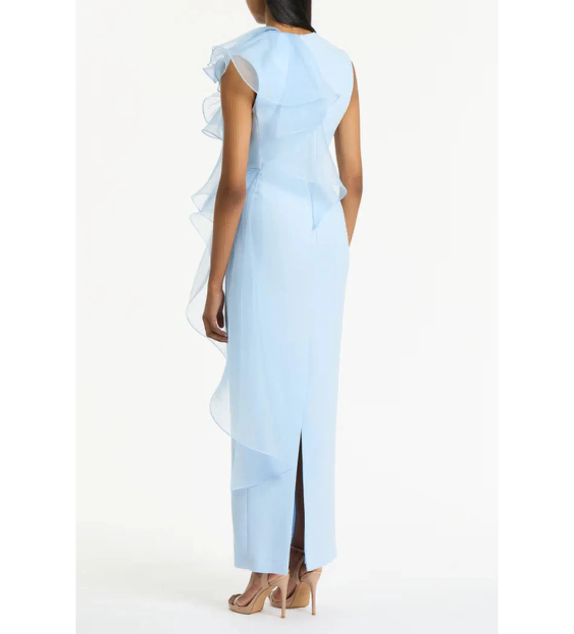 Carla Zampatti  Pale Blue Crepe Ruffle Shoulder Maxi Gown Size 8 - Image 4