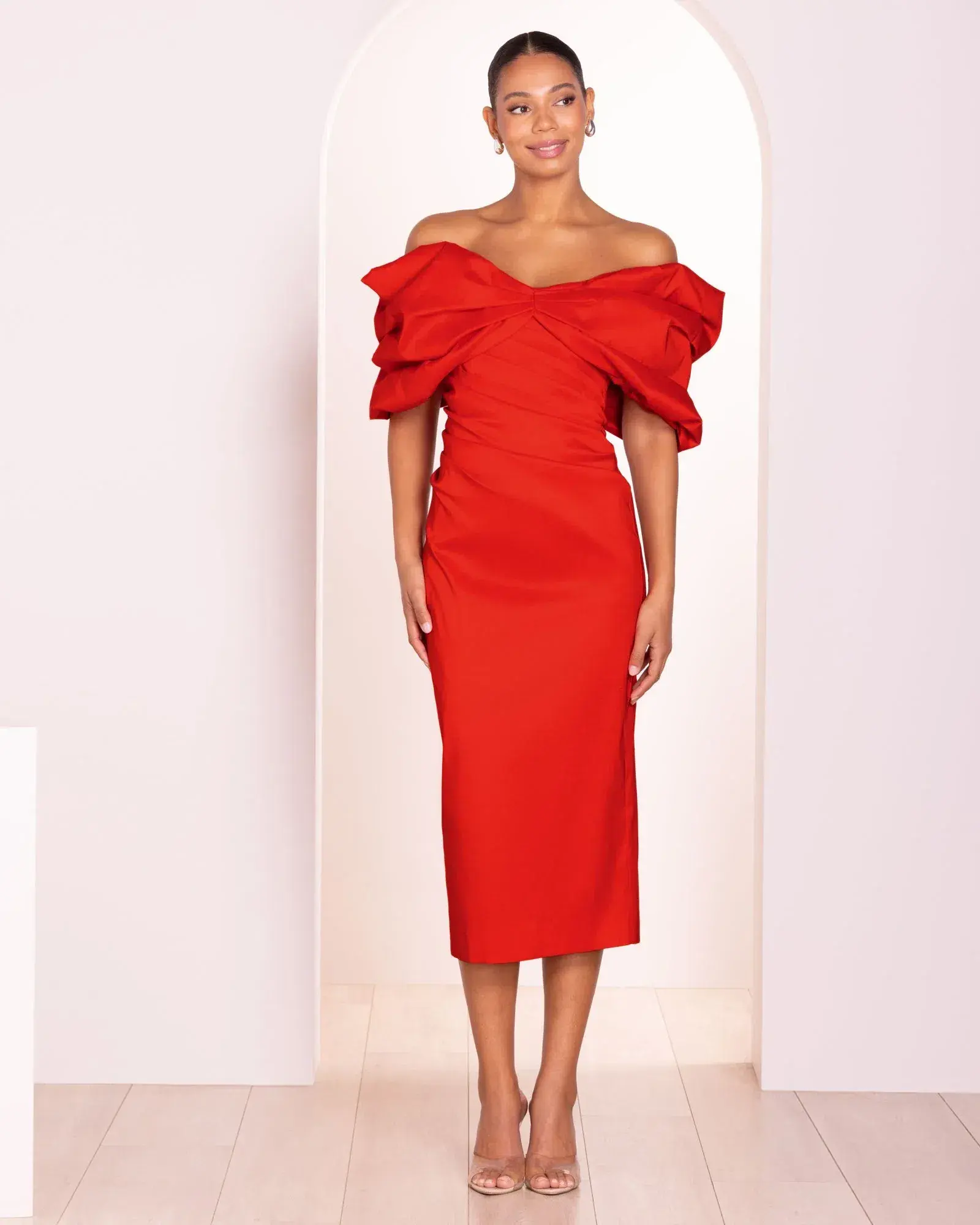 Pilgrim Safina Off Shoulder Midi Dress in Red size 12 - Image 1