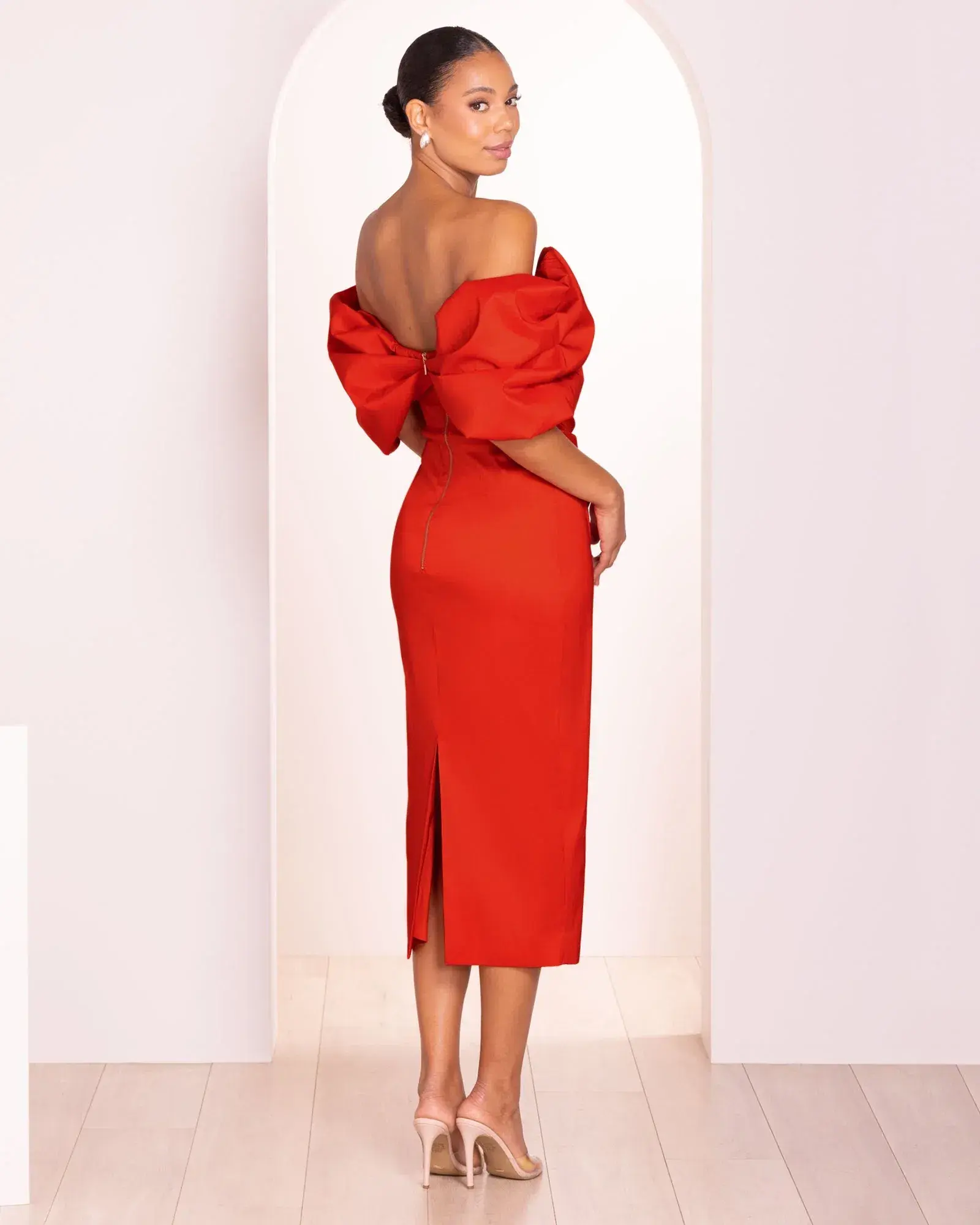 Pilgrim Safina Off Shoulder Midi Dress in Red size 12 - Image 3
