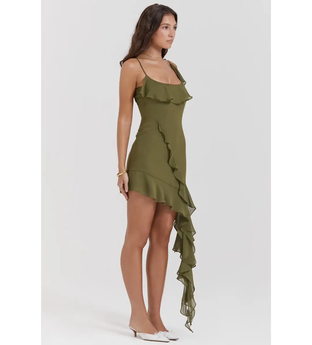 House of CB Marcia Ruffle Mini Dress Olive Size XS/AU 6 for rent on The Volte - main image