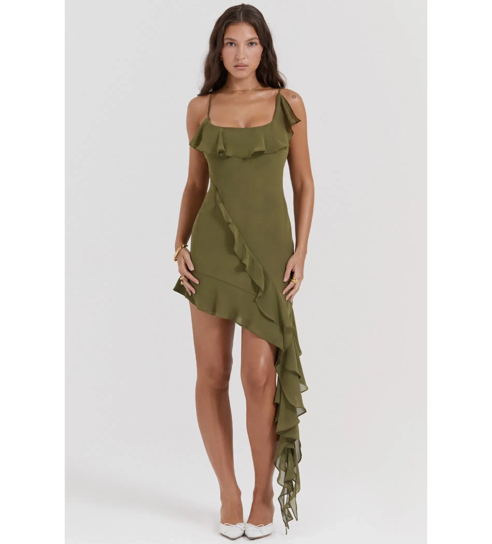 House Of Cb Mercia Ruffle Mini Dress Olive Size M /Au 10  - Image 1