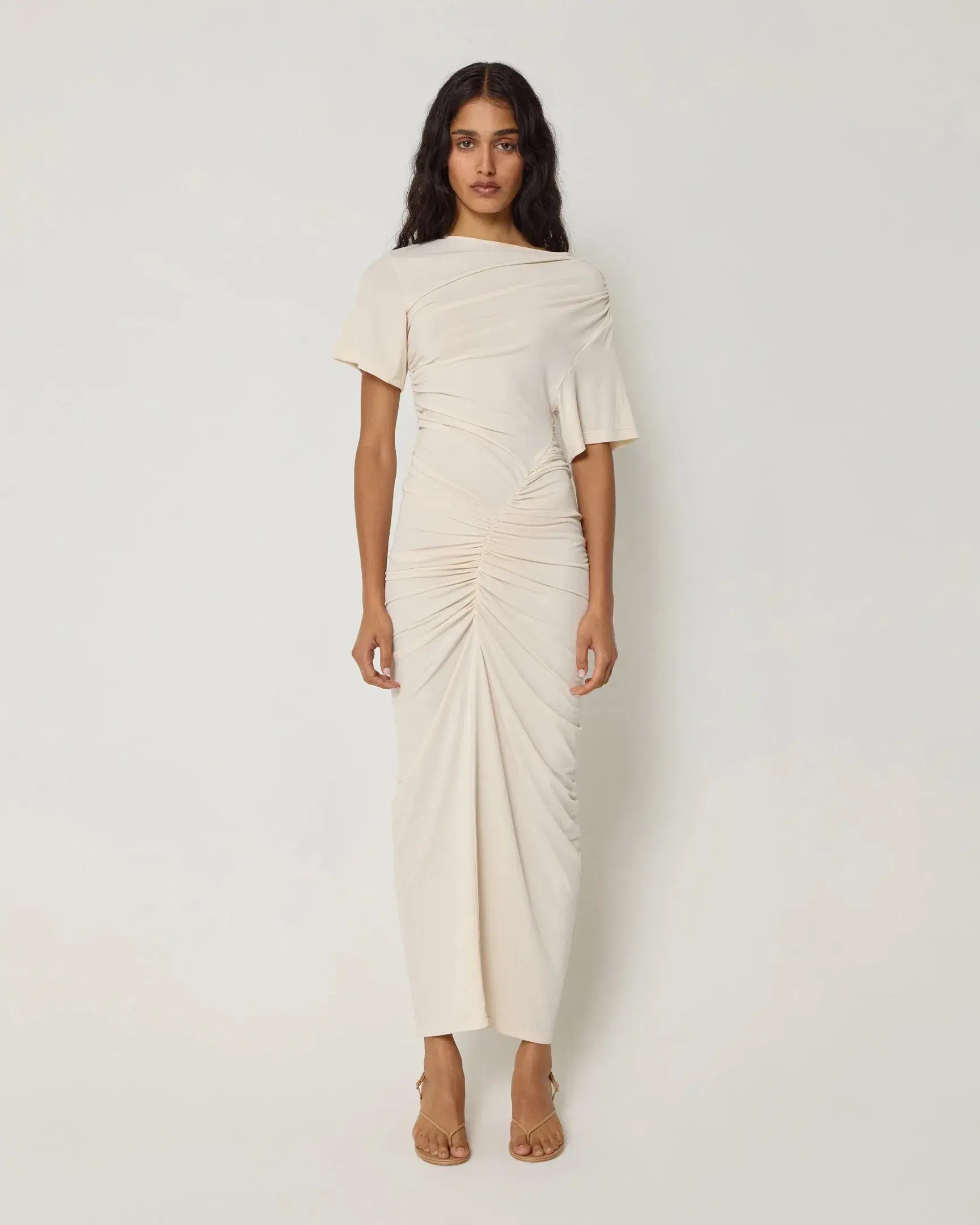 Khy x Atlein Asmmetrical Ruche Dress Cream Size M - Image 1
