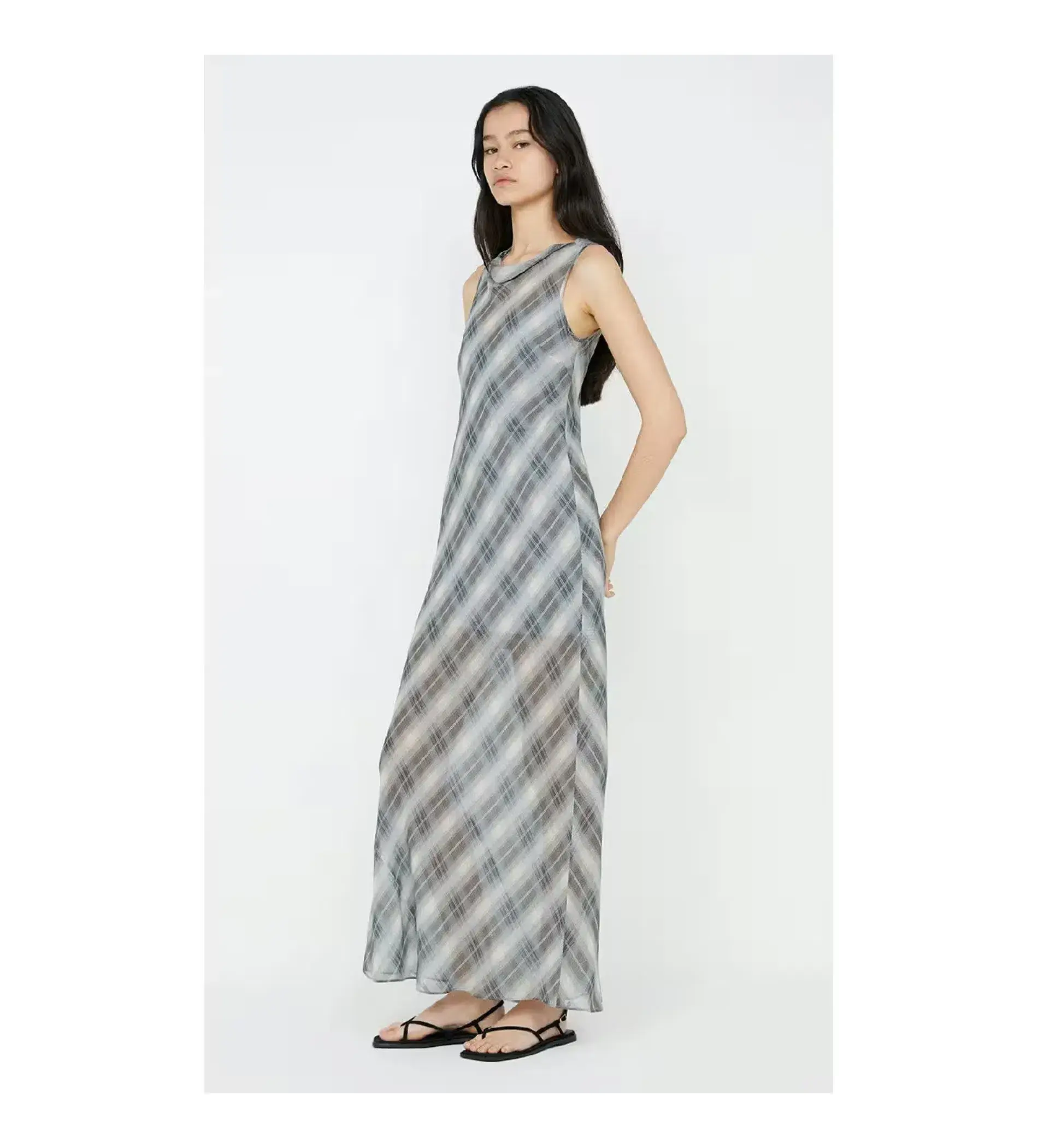 Bec & Bridge Seanna Boat Neck Maxi Dress Blue Check Size AU 14 - Image 2
