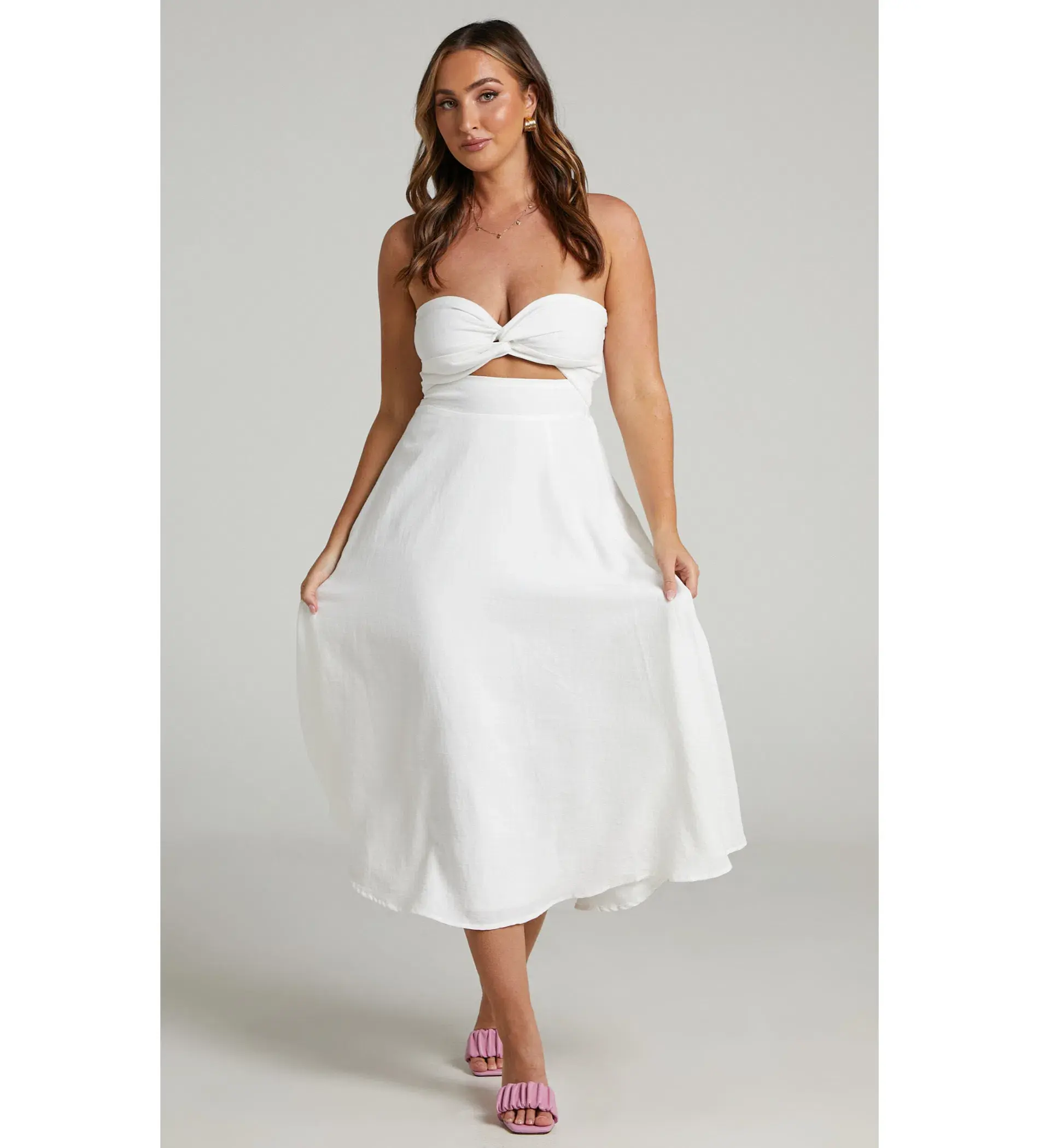 Avie Midi Dress Twist Strapless Cocktail Dress in Off-White Size 12 - Image 1