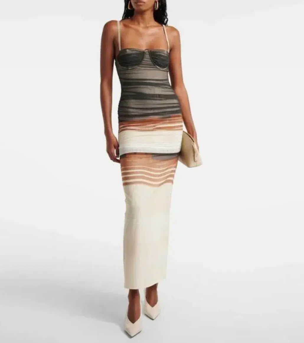 SIR The Label Breeze Striped Ruched Mesh Midi Dress Multi Size 1 / AU 8 - Image 1