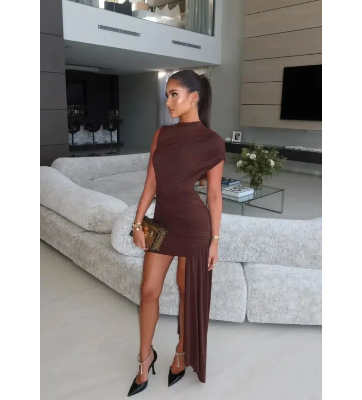 De La Vali Ravenna Draped Jersey Mini Dress in Chocolate Brown AU 6 - Image 4