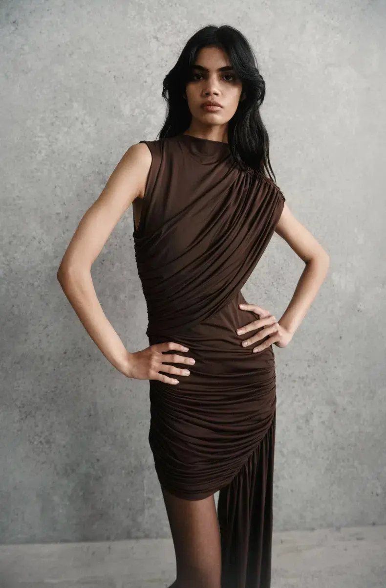 De La Vali Ravenna Draped Jersey Mini Dress in Chocolate Brown Size AU 8 for rent on The Volte - main image