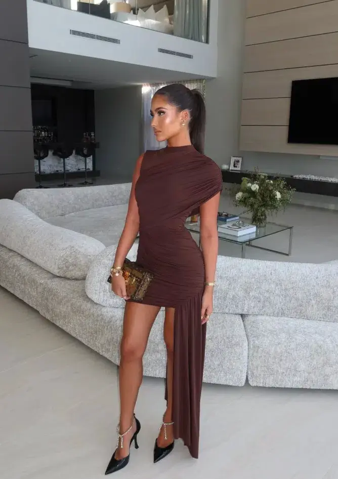 De La Vali Ravenna Draped Jersey Mini Dress in Chocolate Brown Size AU 8 for rent on The Volte - main image