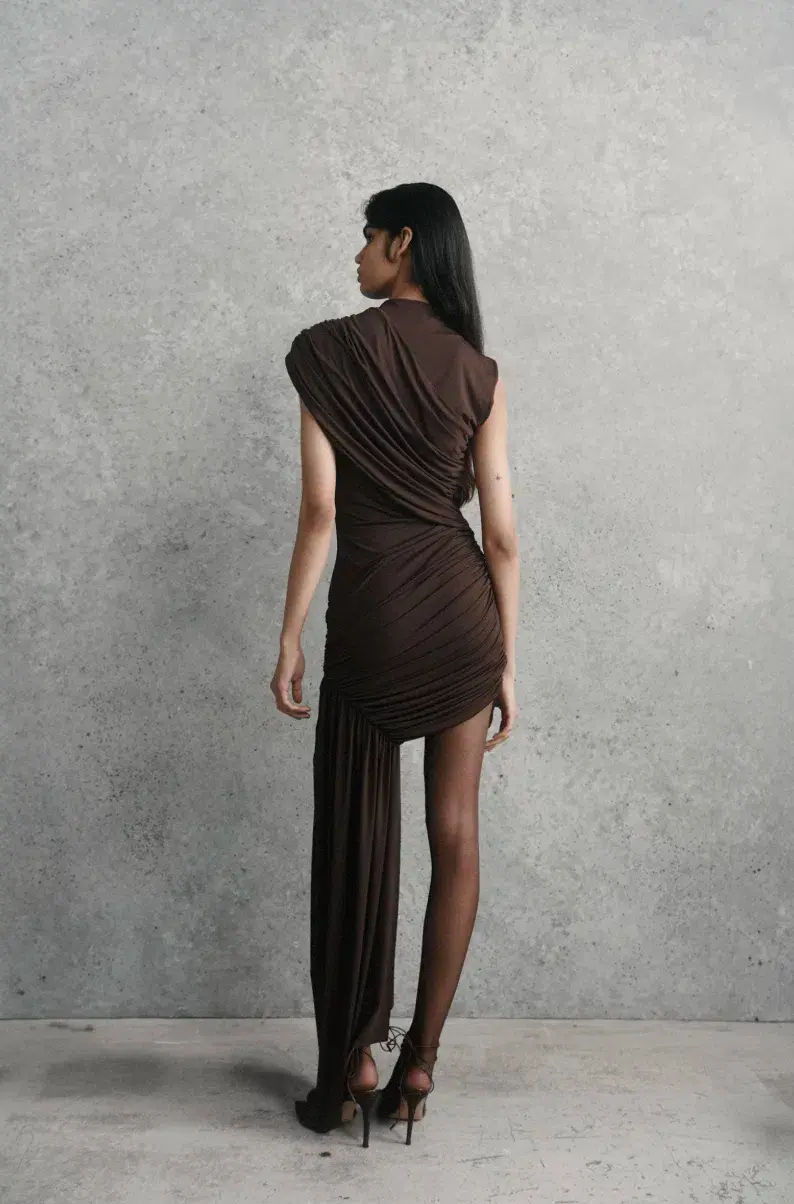 De La Vali Ravenna Draped Jersey Mini Dress in Chocolate Brown AU 10 for rent on The Volte - main image