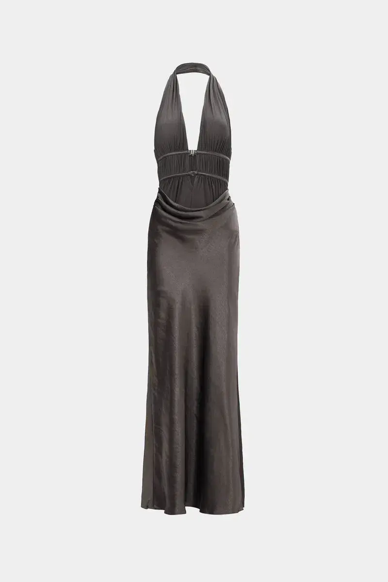 MISHA Celine Satin Maxi Dress Pewter Size 6 for rent on The Volte - main image