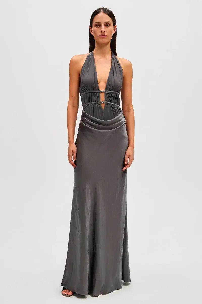 MISHA Celine Satin Maxi Dress Pewter Size 6 for rent on The Volte - main image