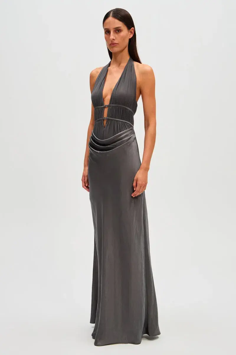 MISHA Celine Satin Maxi Dress Pewter Size 6 - Image 3