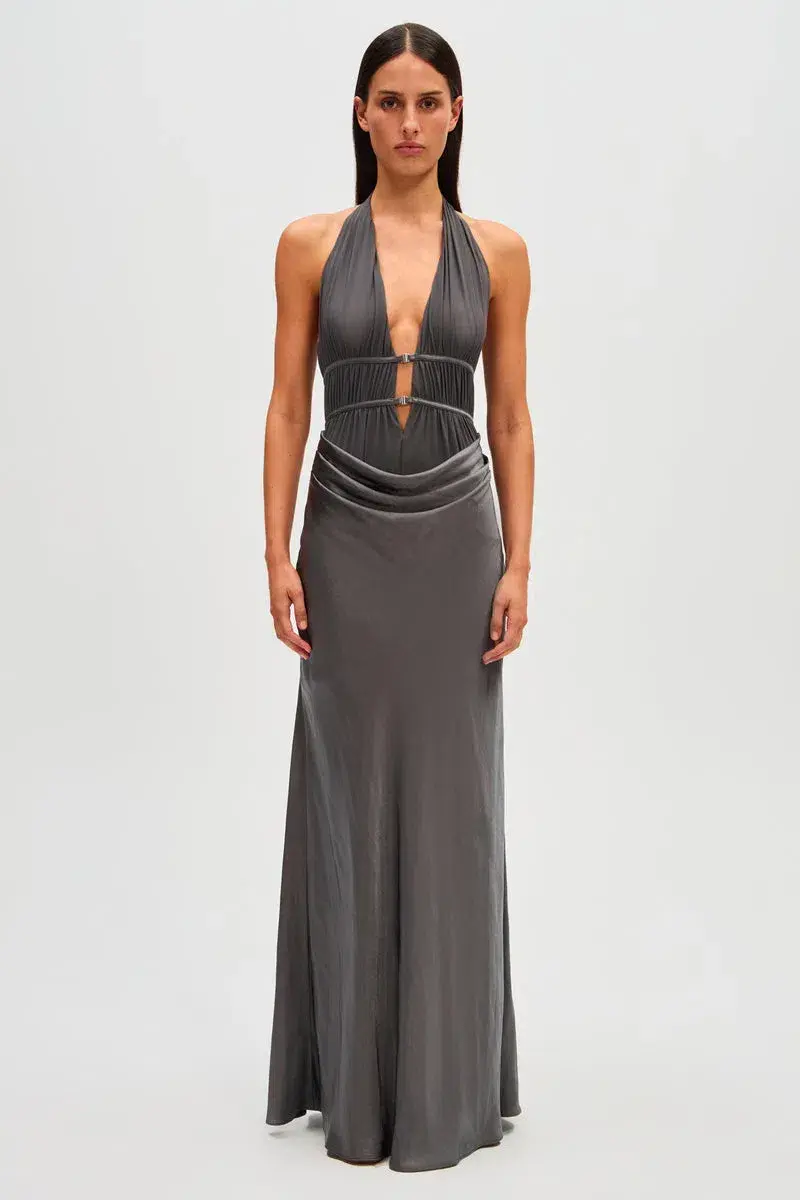 MISHA Celine Satin Maxi Dress Pewter Size 6 for rent on The Volte - main image
