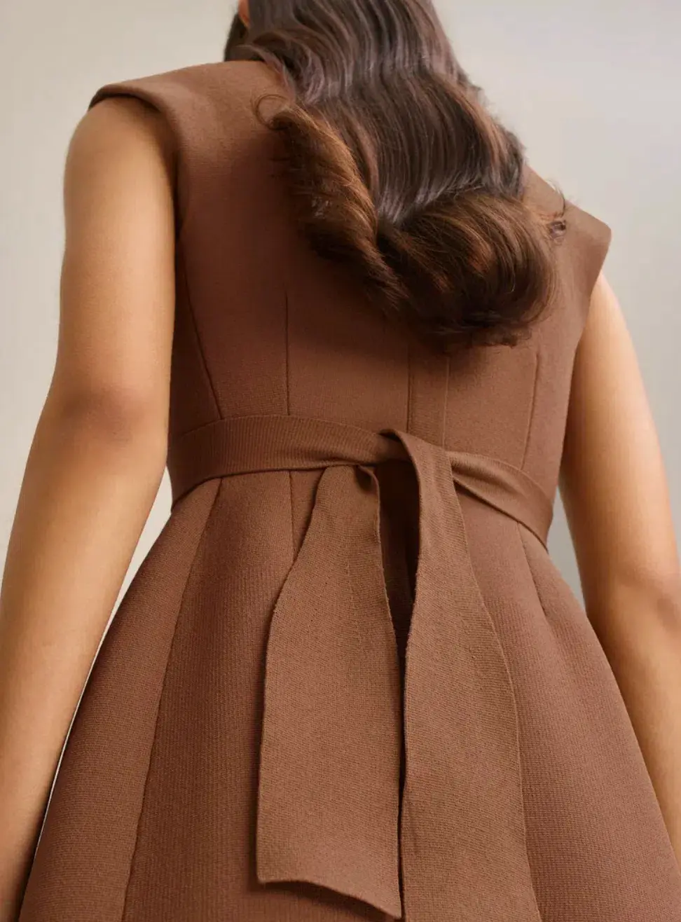Scanlan Theodore Crepe Knit Cap Sleeve Mini Dress  Brown Spice Size XS / Size AU 6 - Image 4