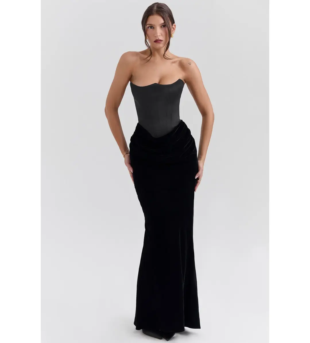 House of CB Persephone Strapless Corset Maxi Dress Black Velvet  Size S/Au 8   for rent on The Volte - main image