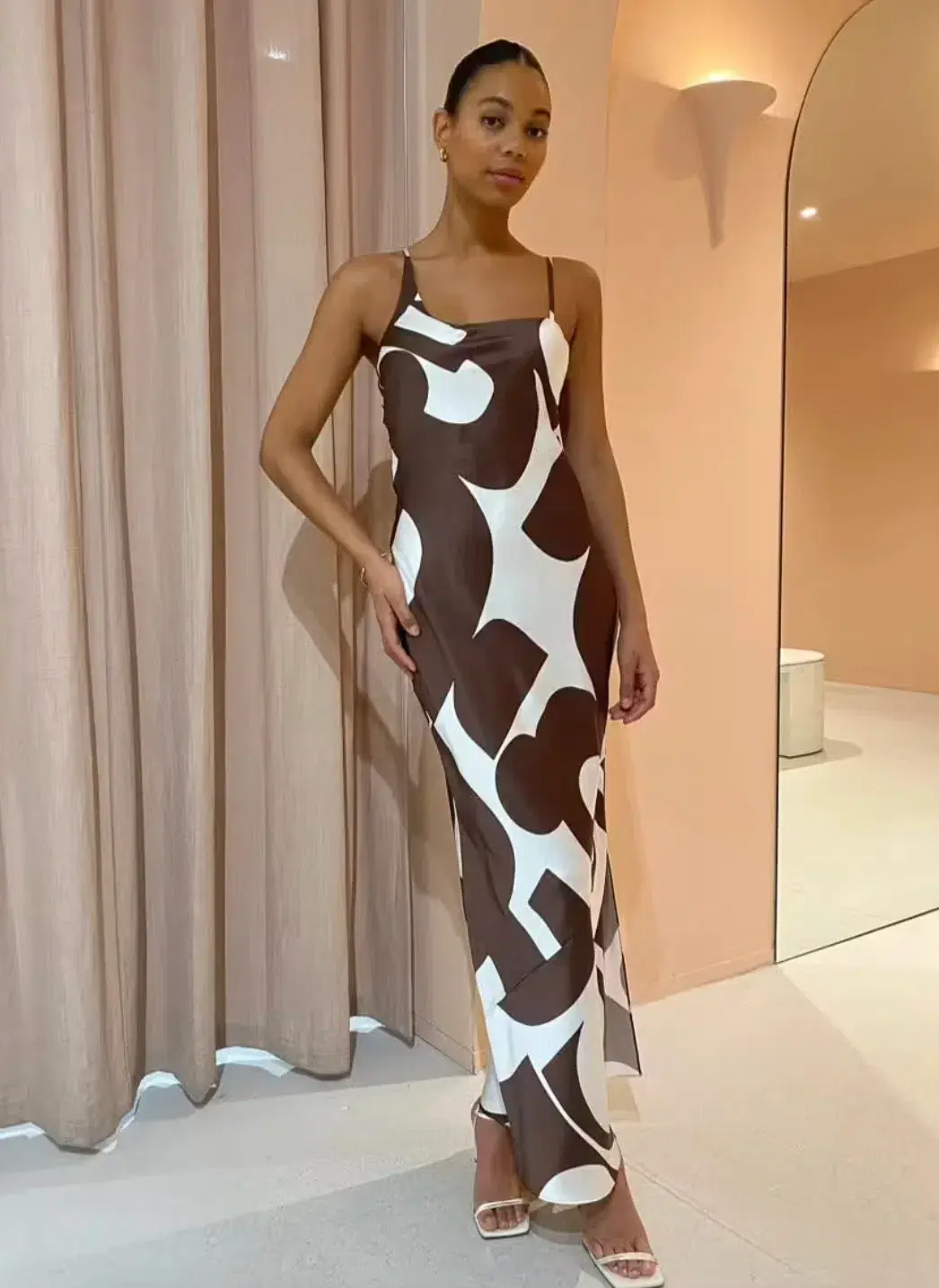 Sir the Label Julien Asymmetric Slip Dress in Abstract Chocolate Size 8 for rent on The Volte - main image