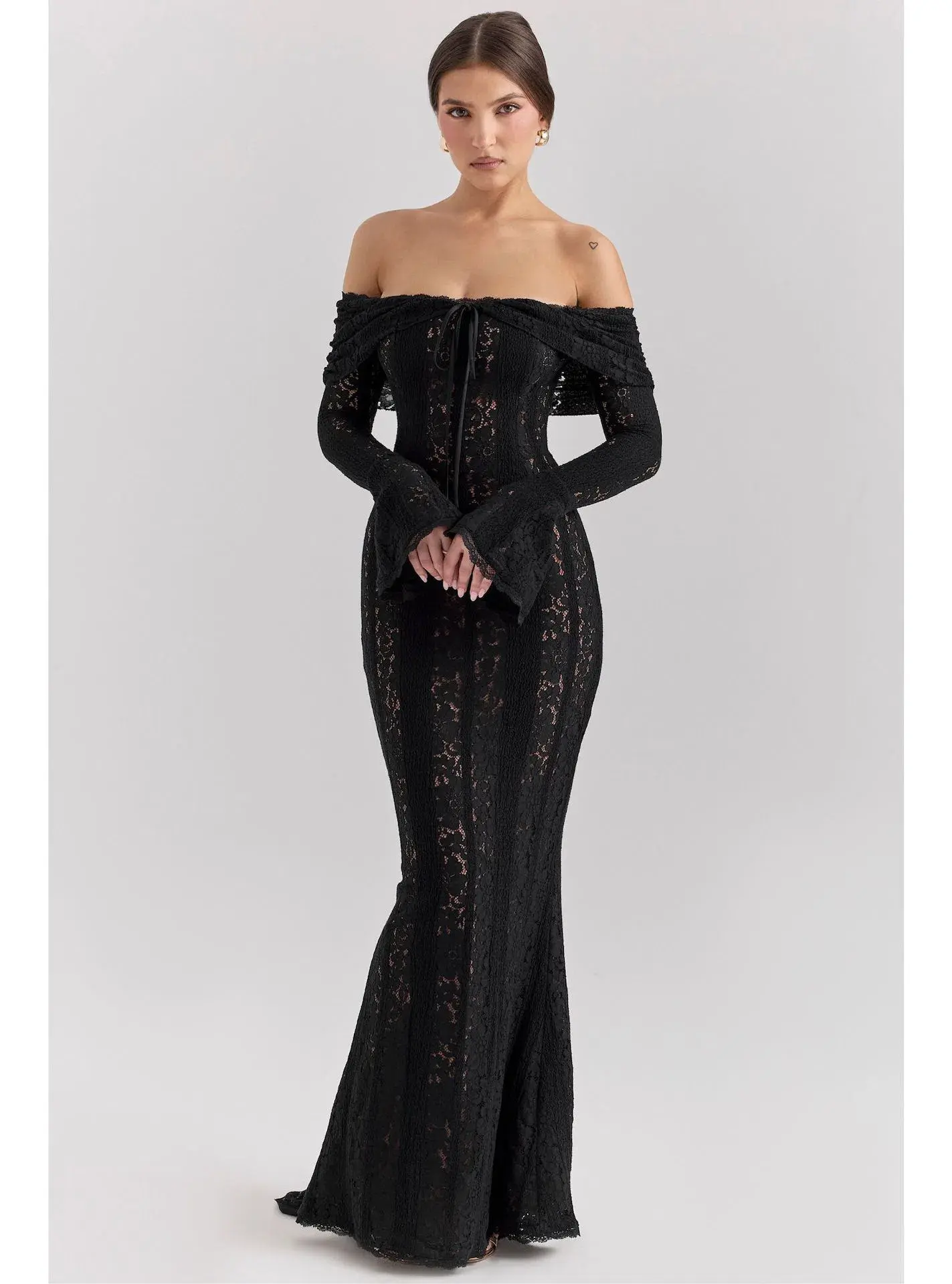 House of CB Belle Off Shoulder Floral Lace Maxi Dress Black Size XS / AU 6 - Image 1