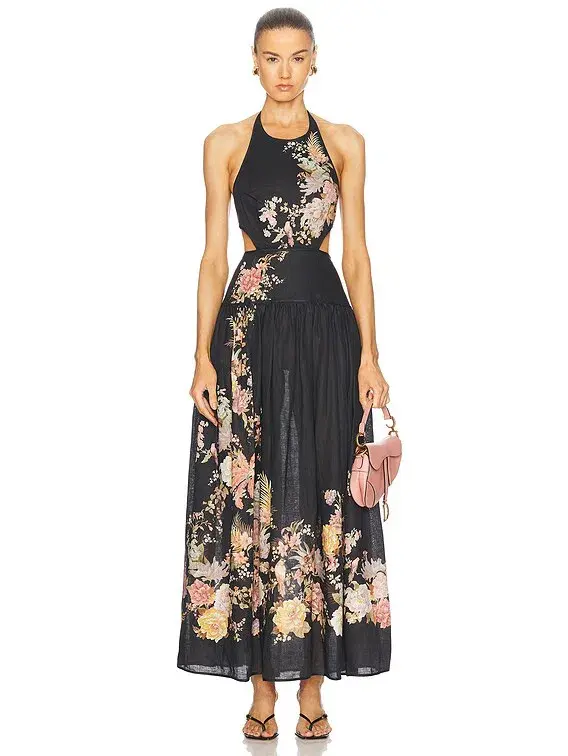 Zimmermann The Tallow Halter Midi Dress in Black Multi Floral Size 2 /Au 12 - Image 1