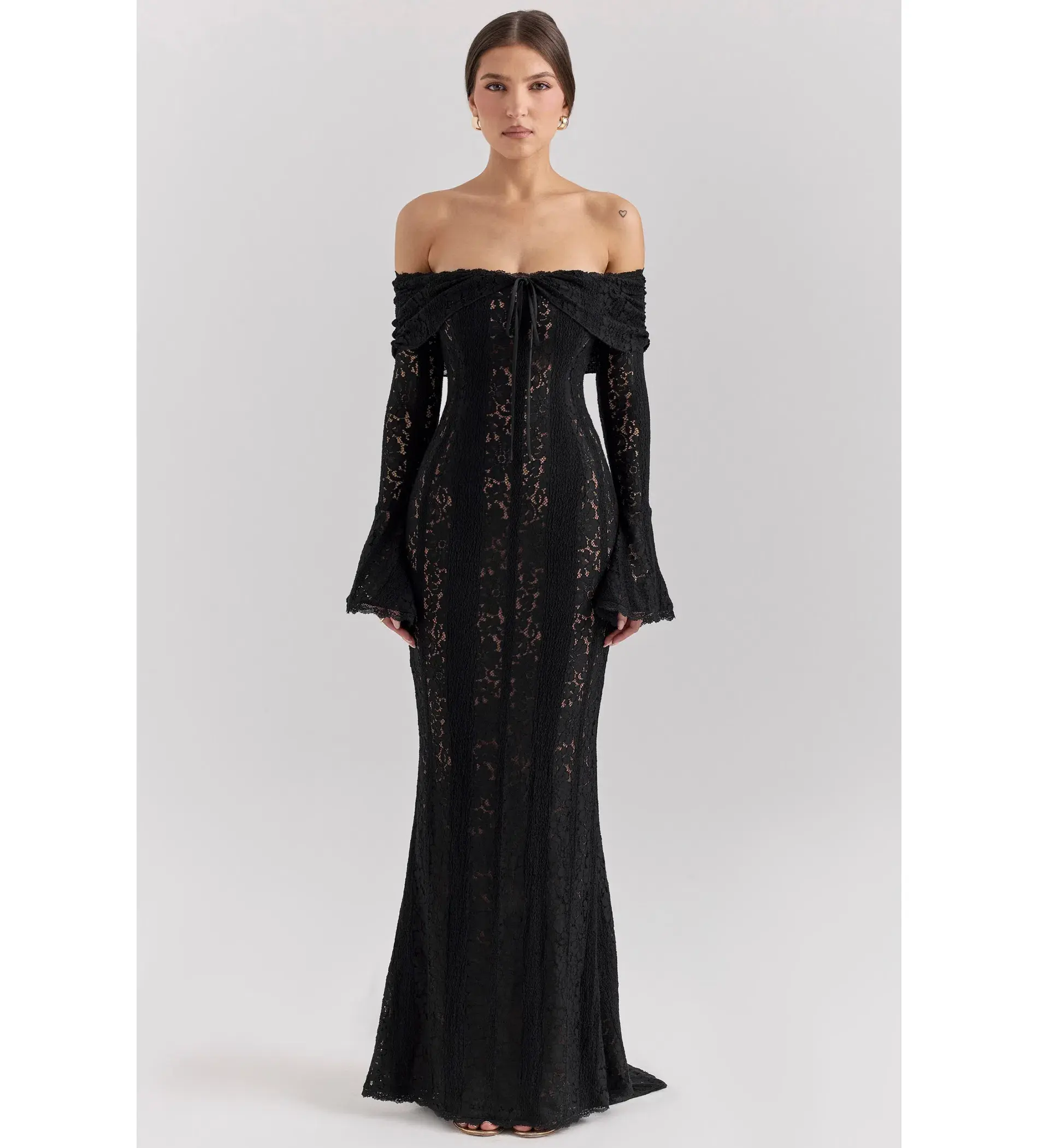 House of CB Belle Off Shoulder Floral Lace Maxi Dress in Black Size XS / AU 6 - Image 1