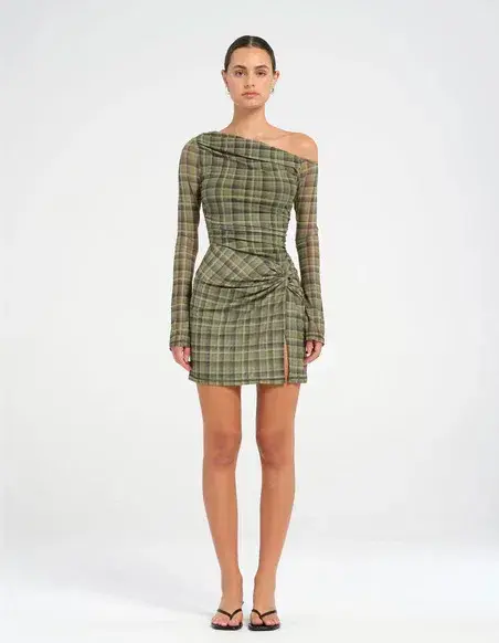 Benni Elijah Mini Dress Olive Check Size AU 8 - Image 1
