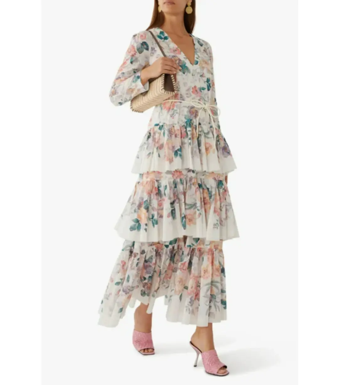 Zimmermann Acacia Tiered Maxi Dress Ecru With Floral Print Size 3 / AU 14 for rent on The Volte - main image