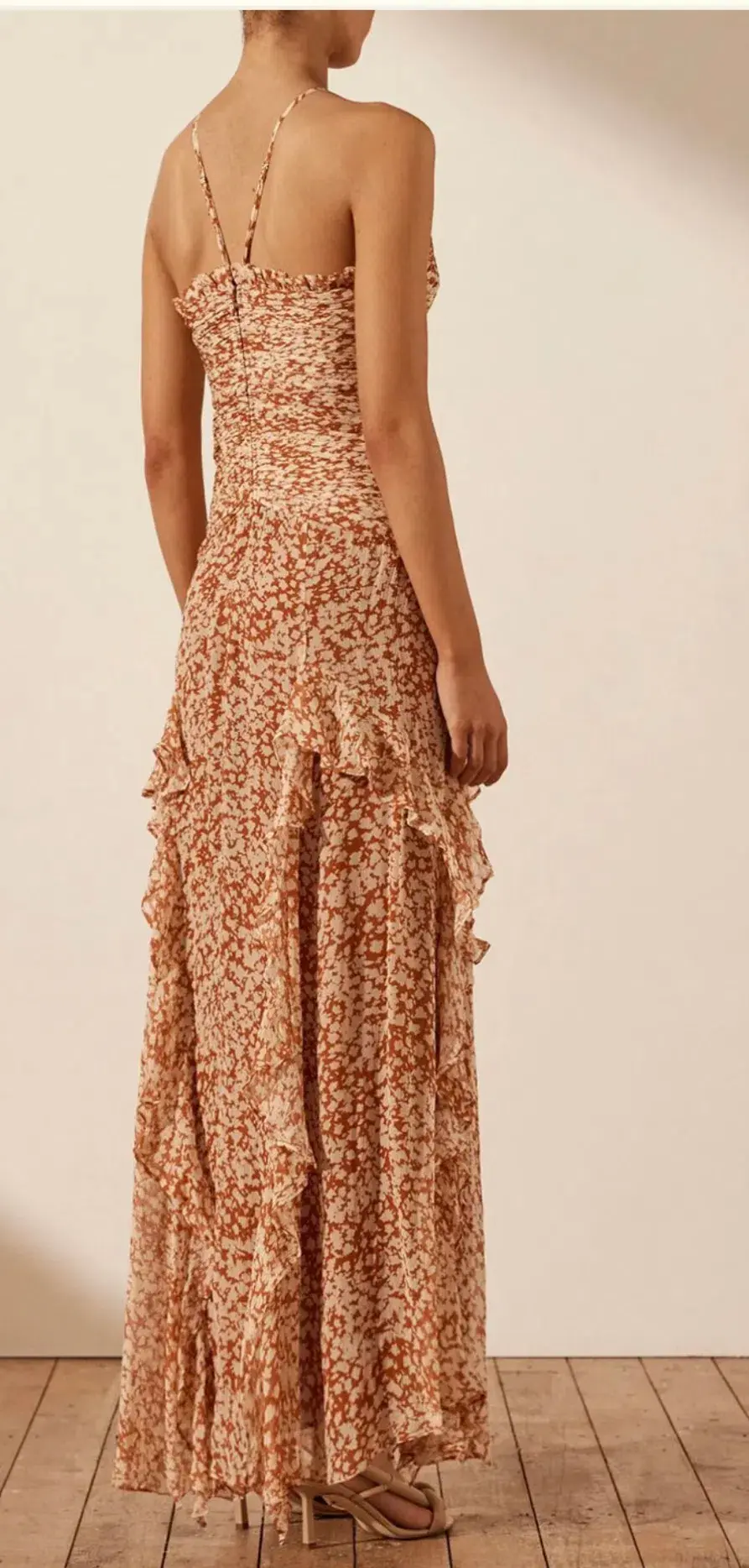 Shona Joy Hala Ruched Frill Maxi Dress Size 12 for rent on The Volte - main image