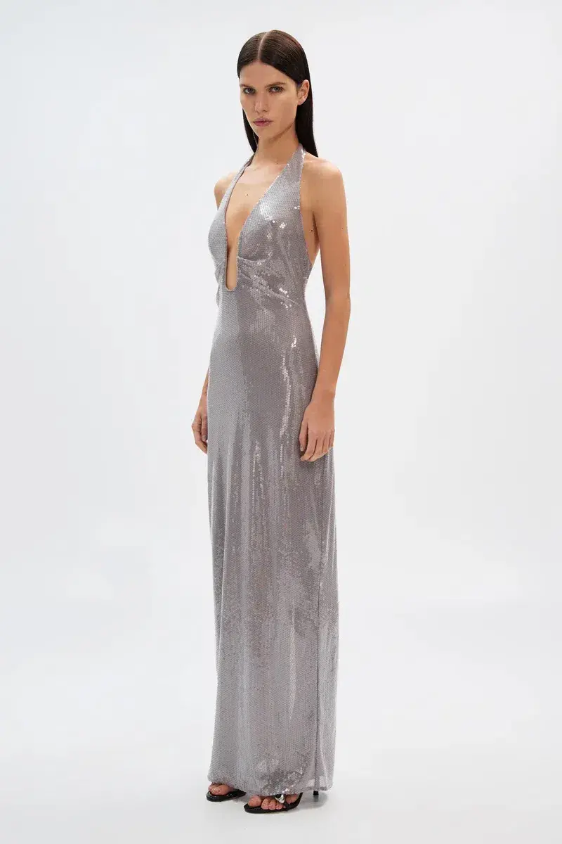 Misha The Alusia Maxi Dress Silver Sequin Size 8  - Image 2