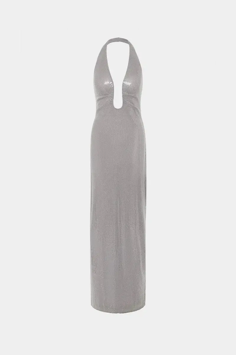 Misha The Alusia Maxi Dress Silver Sequin Size 8  - Image 4