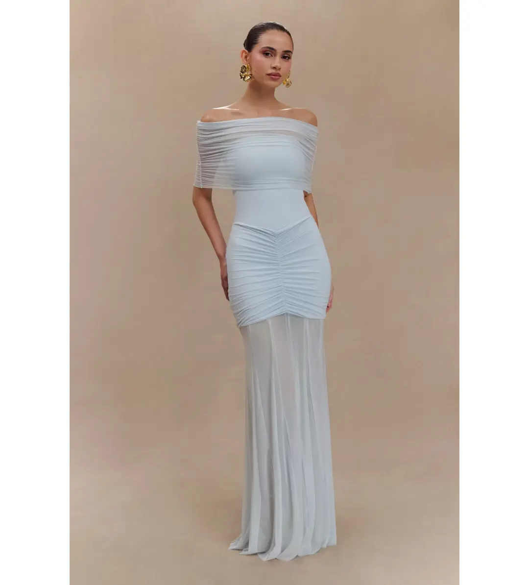 Meshki Caspian Slinky Mesh Off Shoulder Dress Pale Blue Size AU 8 for rent on The Volte - main image