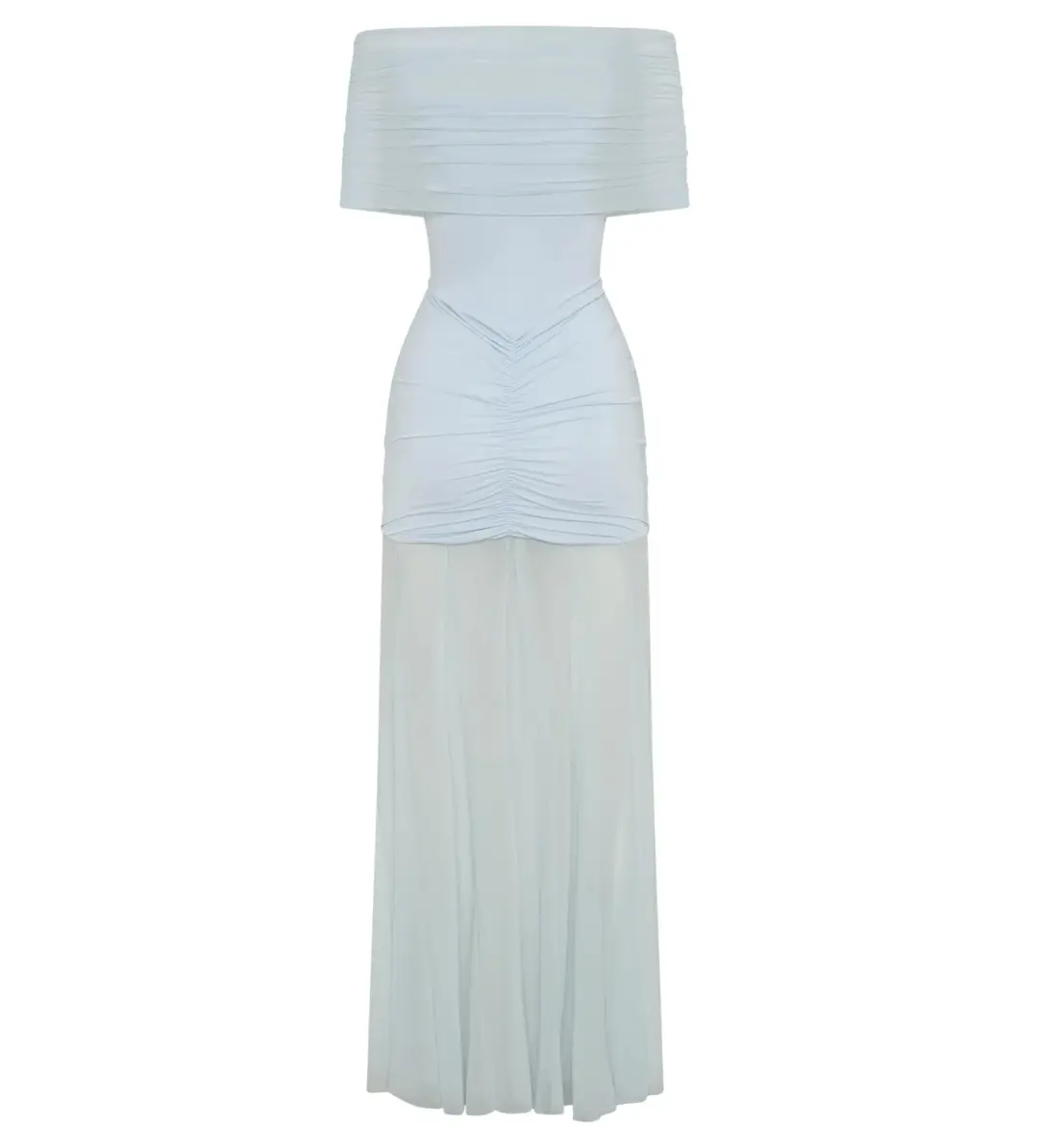 Meshki Caspian Slinky Mesh Off Shoulder Dress Pale Blue Size AU 8 for rent on The Volte - main image