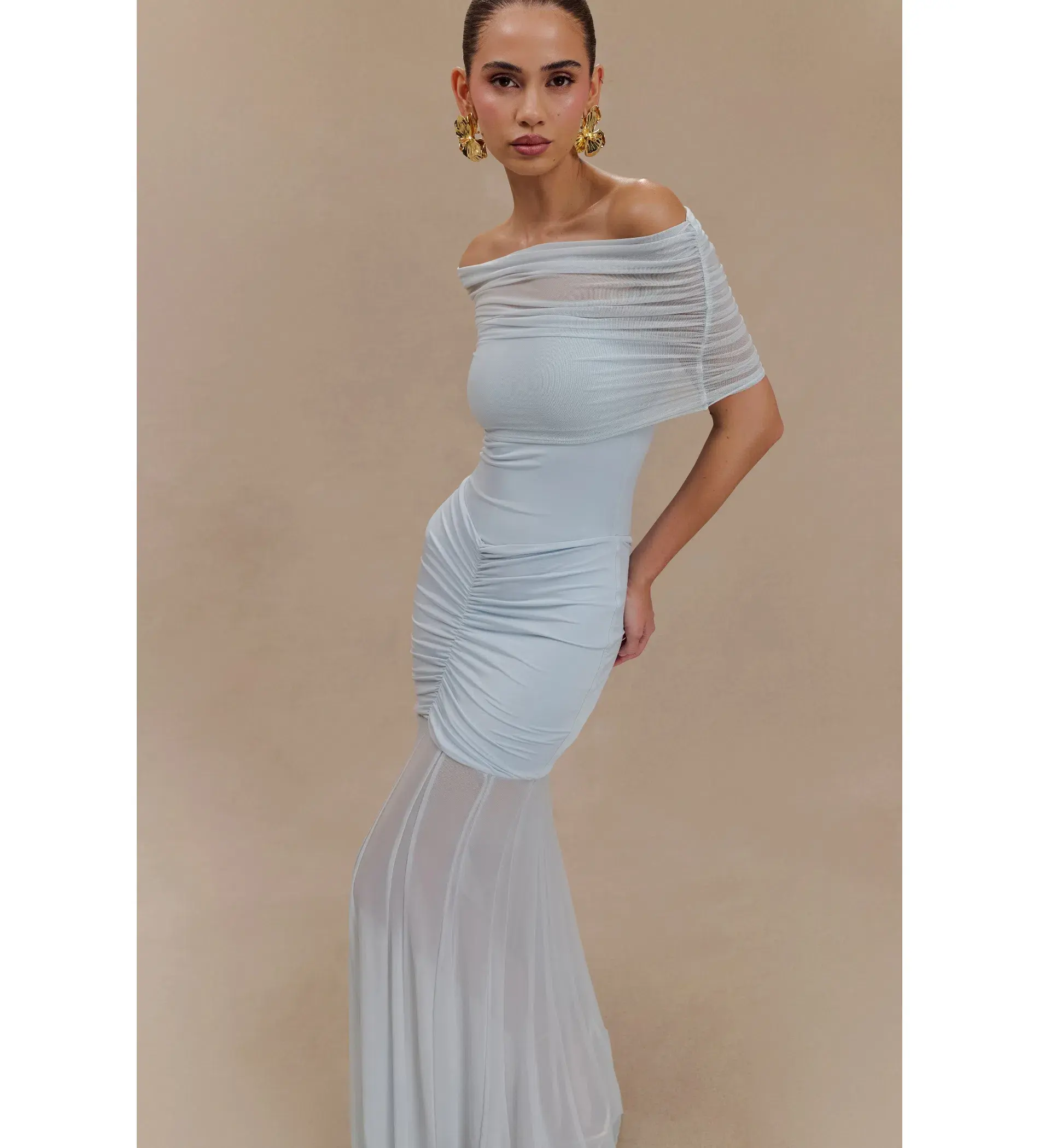 Meshki Caspian Slinky Mesh Off Shoulder Dress Pale Blue Size AU 8 - Image 3