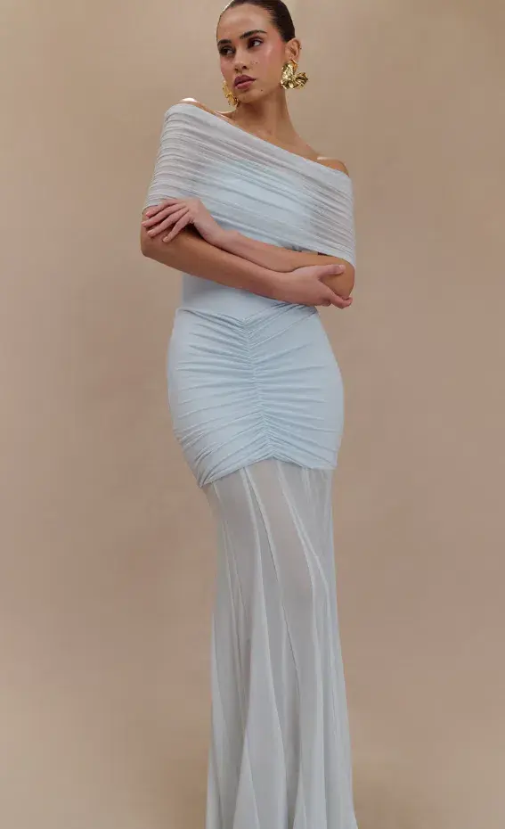 Meshki Caspian Slinky Mesh Off Shoulder Dress Blue Size 10 for rent on The Volte - main image