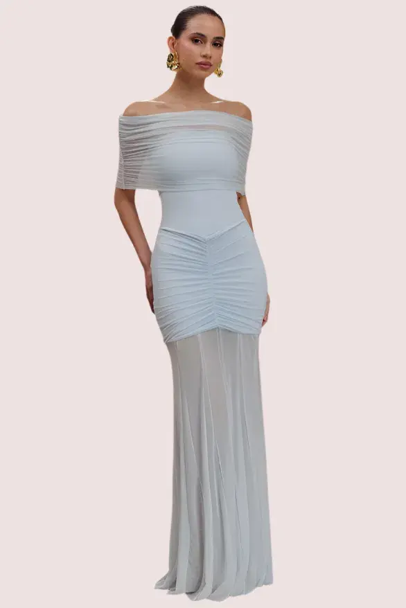 Meshki Caspian Slinky Mesh Off Shoulder Dress Blue Size 10 for rent on The Volte - main image