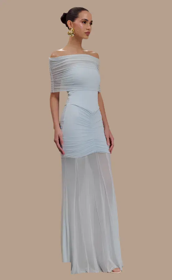 Meshki Caspian Slinky Mesh Off Shoulder Dress Blue Size 10 for rent on The Volte - main image