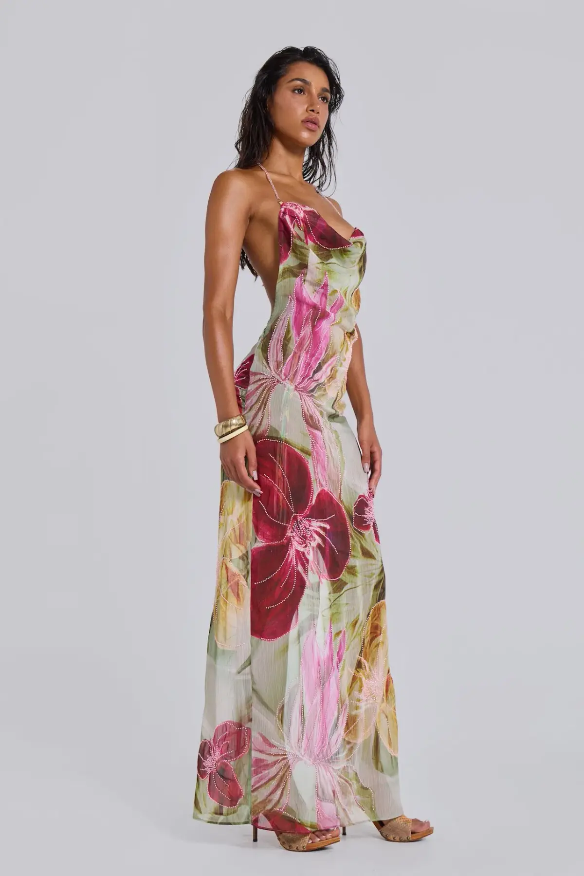 Jaded London Dahlia Hand Beaded Backless Chiffon Maxi Dress Floral Size 8 - Image 1