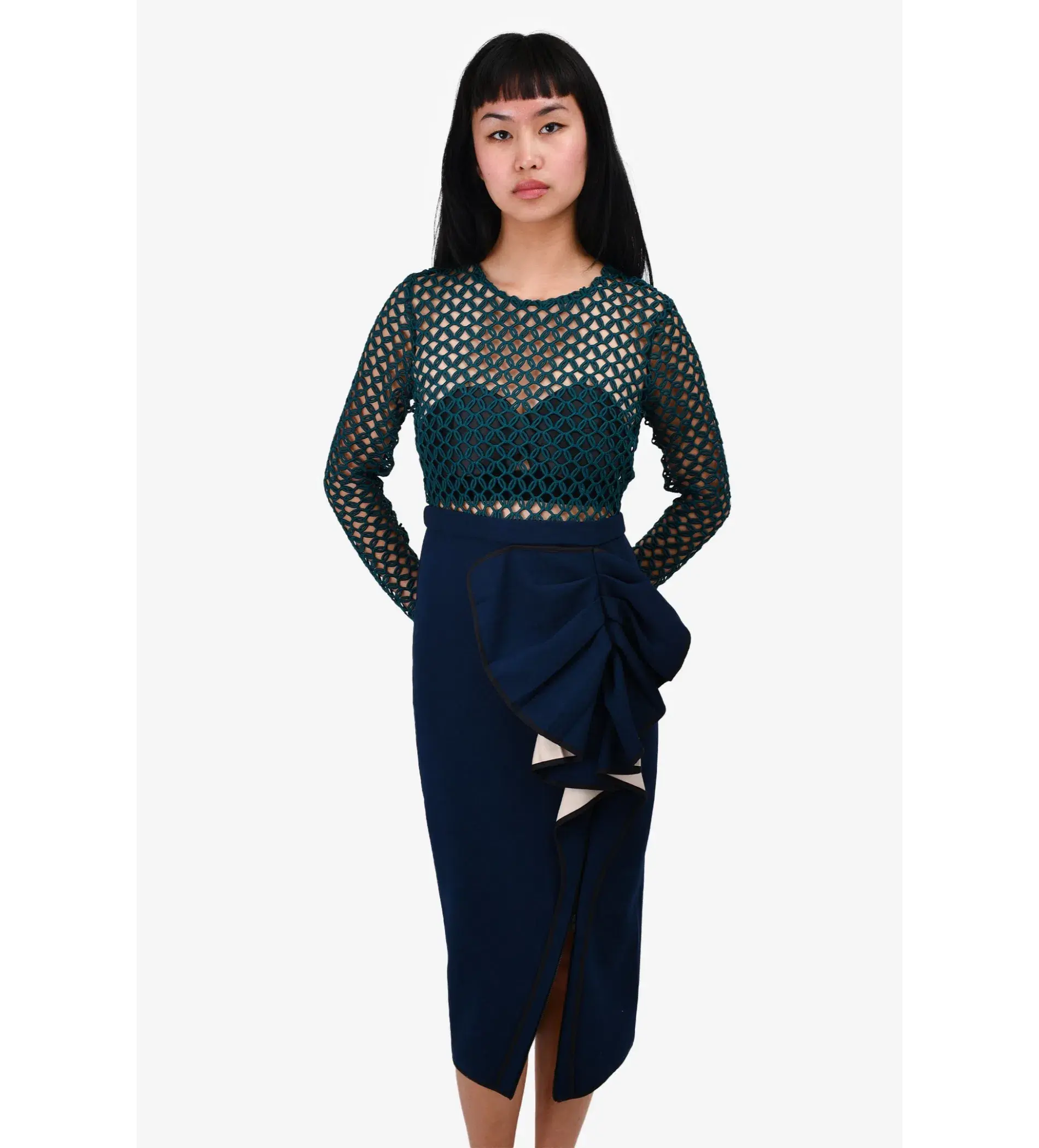 Self-Portrait  Crochet Dress with Ruched Skirt Navy Blue/Teal Size 2/Au 6  - Image 2