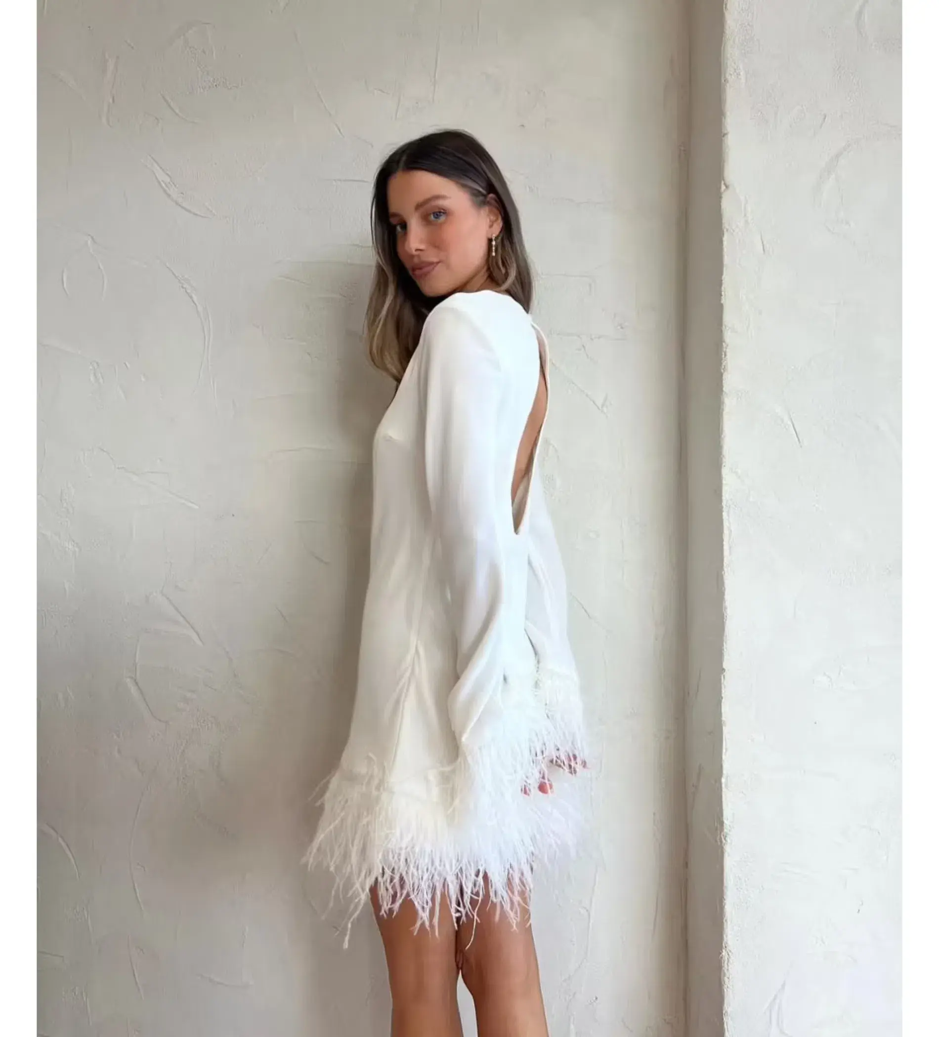 By Johnny Nicola Feather Trimmed Mini Dress Ivory White Size Small/ AU 8 - Image 2